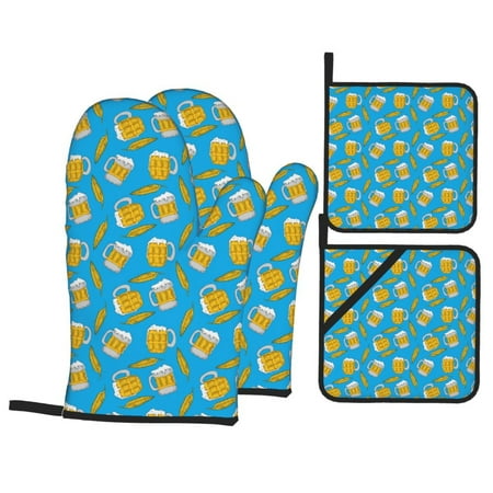 

Oven Mitts and Pot Holders Sets 4 pcs Beer3 Non-Slip Oven Gloves Potholders Soft Quilted Lining Heat Resistant Gloves Hot Pads for Kitchen Cooking Baking