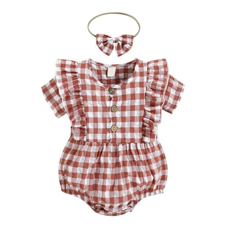 

Baby Summer Clothes Toddler Girls Soft Cute Lattice Print Ruffles Flying Sleeve Romper Bow Two-piece Clothing Outfits