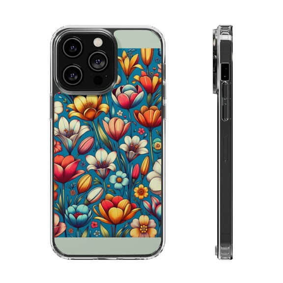 DistinctInk Hybrid (Acrylic / TPU) Clear Slim Fit Case for Apple iPhone 13 Pro (6.1" Screen) - "Vibrant Spring Blossoms: A Cheerful Delight"