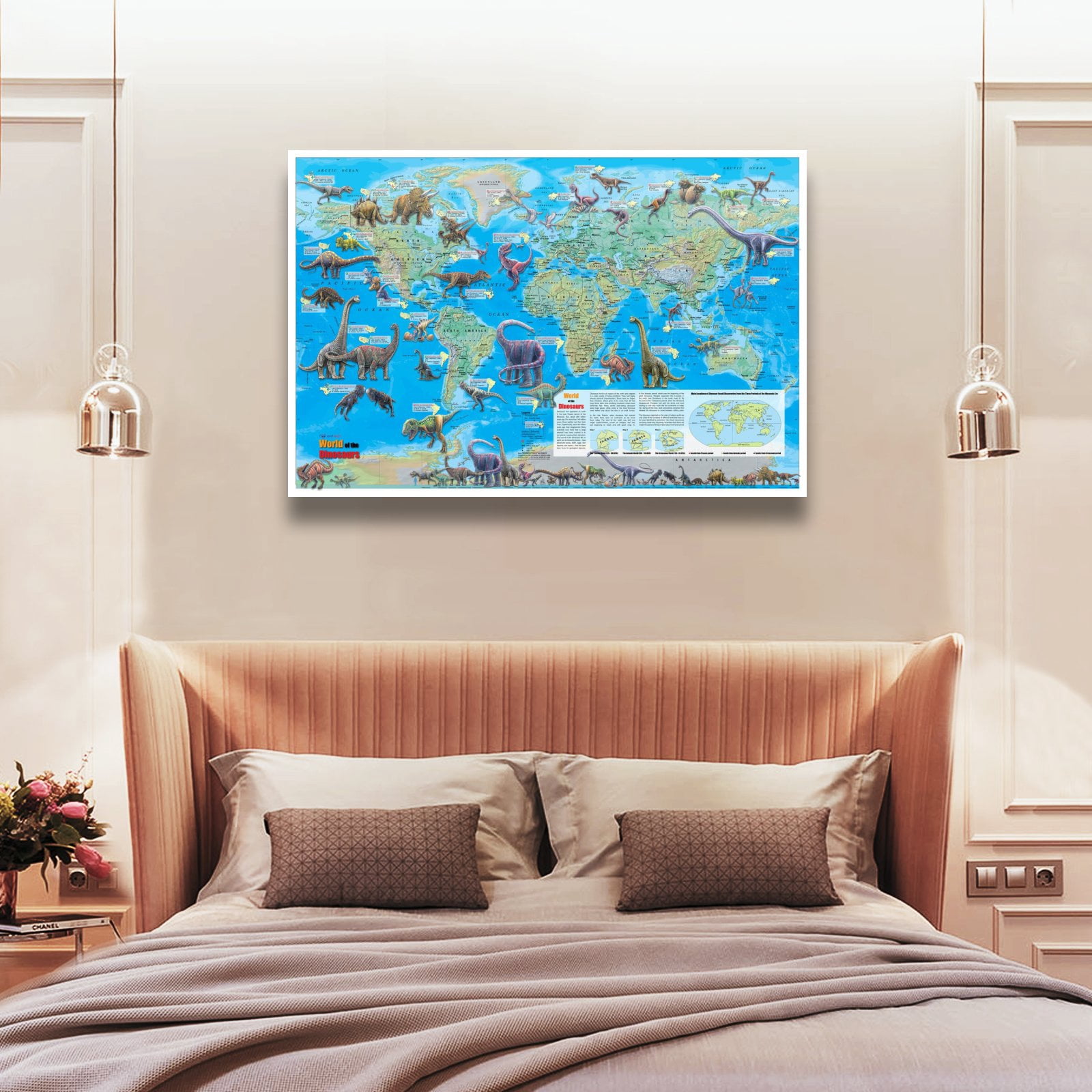Dinosaur Map of The World Poster Decorative Painting Canvas Wall Art Living Room Posters Bedroom Painting 24x36inch(60x90cm)