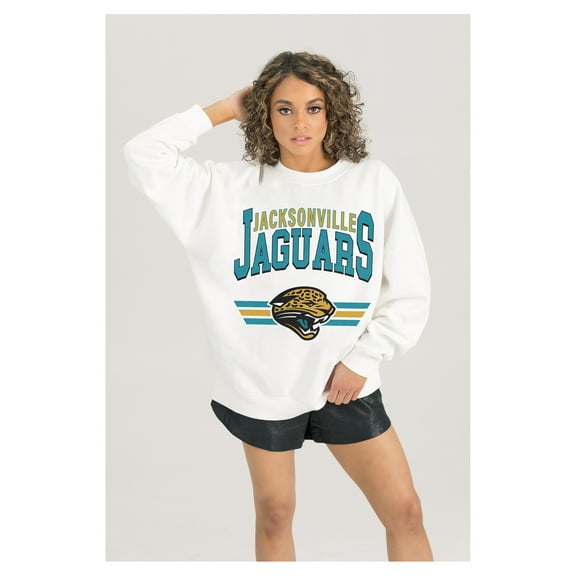Women's Gameday Couture  White Jacksonville Jaguars Swift Strike Premium Oversized Fleece Pullover Sweatshirt