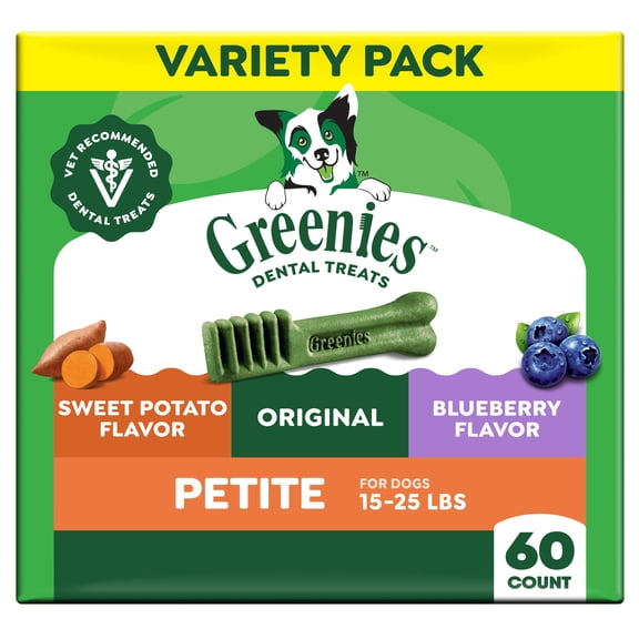 Greenies Adult Natural Dental Dog Treats 3 Flavors, Petite Size, (3) 12 oz Packs (60 Count)