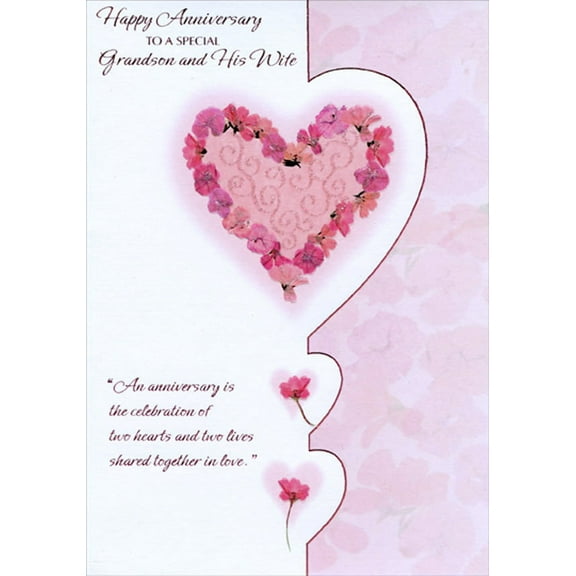 Designer Greetings Pink Flowers in Heart Shape and Pink Foil Heart Patterns Wedding Anniversary Congratulations Card for Grandson and Wife