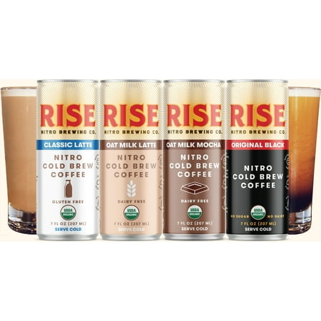 RISE Brewing Co. | Nitro Cold Brew Variety Pack (12 7 fl. oz. Cans [3 Original Black, 3 Oat Milk Latte, 3 Oat Milk Mocha, 3 Classic Latte]) - USDA Organic, Non-GMO | Clean Energy & Refreshingly Smooth