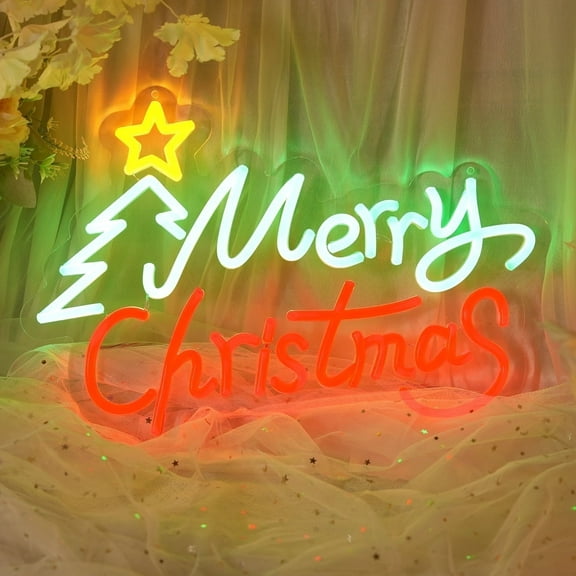 iDecoMart Merry Christmas Neon Sign, 16" x 11" Neon Lights Tri-Color Tree Light for Christmas Holiday Party Wall Decor, Not Include Battery