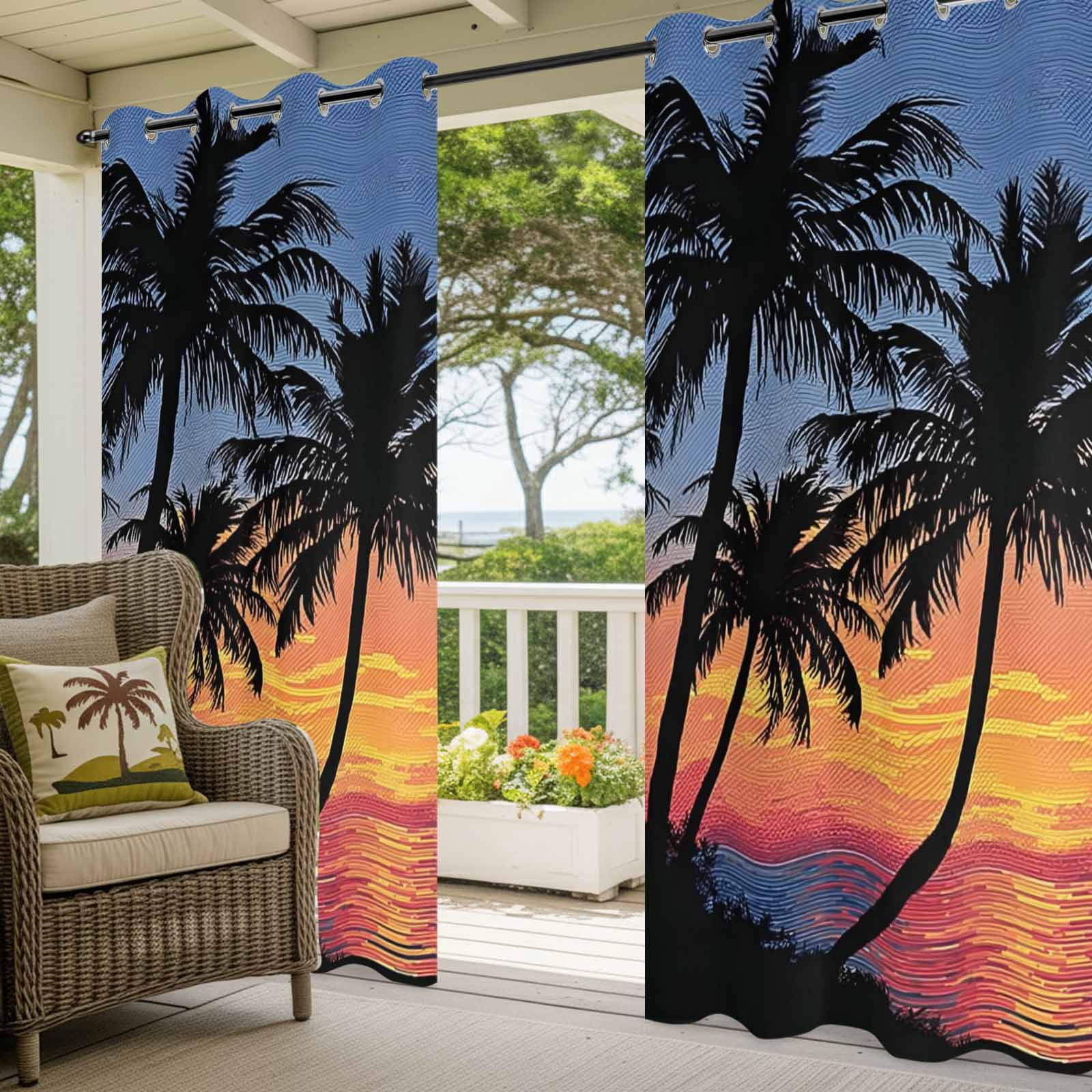 Palm Trees Island Outdoor Curtains for Patio, Summer Tropical Plants Silhouettes Sunset Sunshade Privacy Drapes Grommet Waterproof Outside Curtains for Porch/Cabana/Balcony 54"x 108", 1 Panel