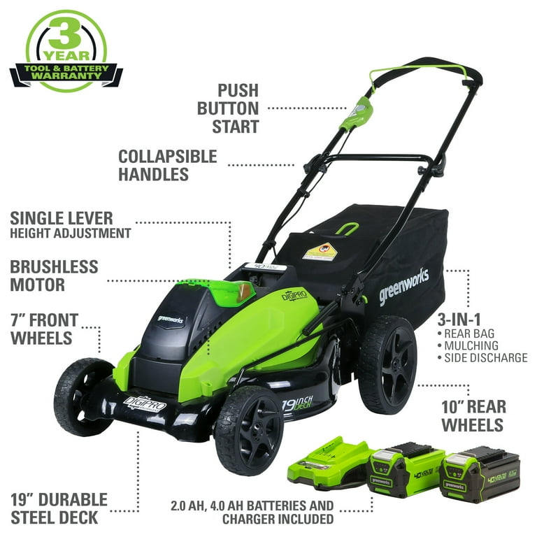 Greenworks 40V 19 in. Cordless Brushless Lawn Mower with 4.0 Ah 2.0 Ah Batteries and Charger 2500502
