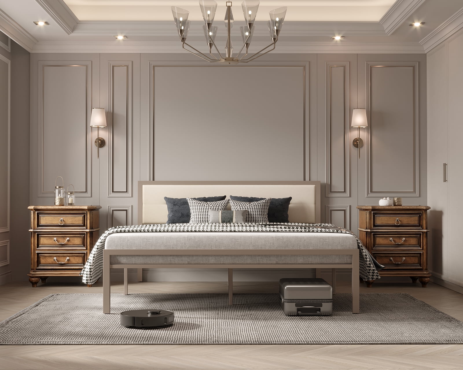 Bonsoir KING Size Bed Frame Steady Steel Platform with Fabric Headboard/Footboard (Champagne Color Frame)