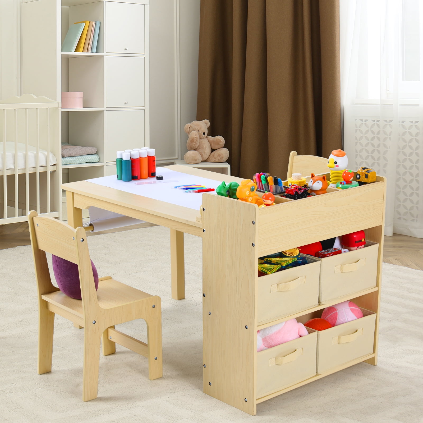 Pirecart Kids Art Table and 2 Chairs Toddler Craft Set Wooden Play Activity Drawing Table with 4 Storage Bins and Paper Roll
