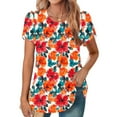thumbnail image 3 of Women's Blouses Top Cute Printed Summer T-Shirts Casual Chest Pleated Tunic Top Round Neck Puff Sleeves Blouses Loose Outdoor Beach Vacation Pullover Tops, 3 of 6