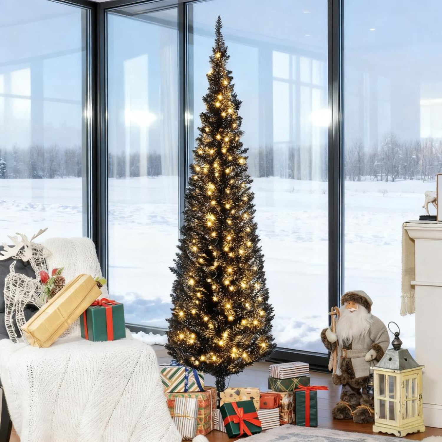 Black 6 ft Pencil Christmas Tree with 200 Warm White LED Lights