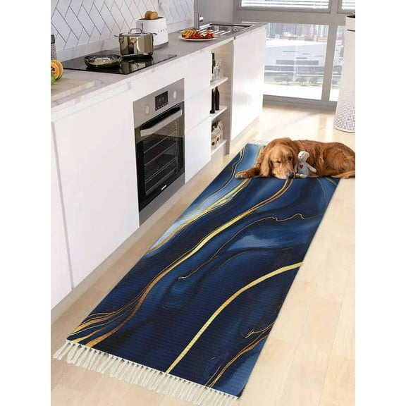Marble Navy Blue Entryway Runner Rug 2x4ft,Modern Golden Ombre Retro Art Washable Woven Living Room Hallway Bedroom Kitchen Carpet with Tassels,Indoor Outdoor Throw Door Mat for Entryway