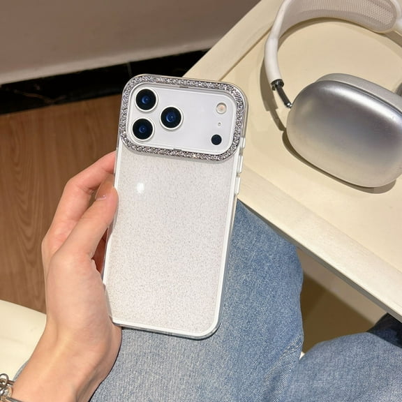 Sparkling Rhinestone Camera Ring & Glitter Back Shockproof Case for iPhone 17 Pro ,Simple Style Phone Case,White