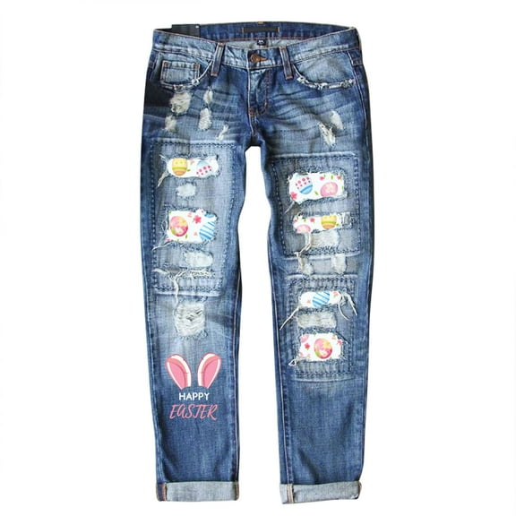 Women's Easter Jeans Print Ripped Casual Denim Pants