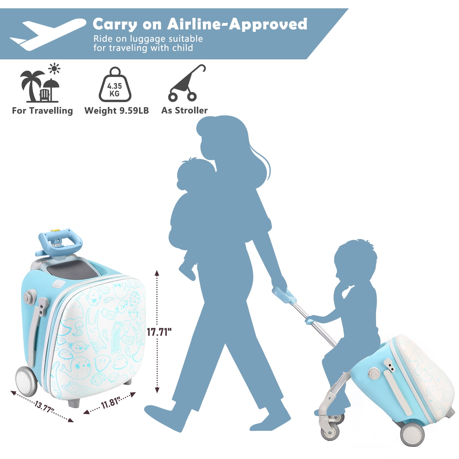 ReadRun Kids Ride-On Carry-On Luggage 20", 2-in-1 Travel Suitcase with Spinner Wheels and Seat, Toddler Stroller Case for Airplane Trips, Blue