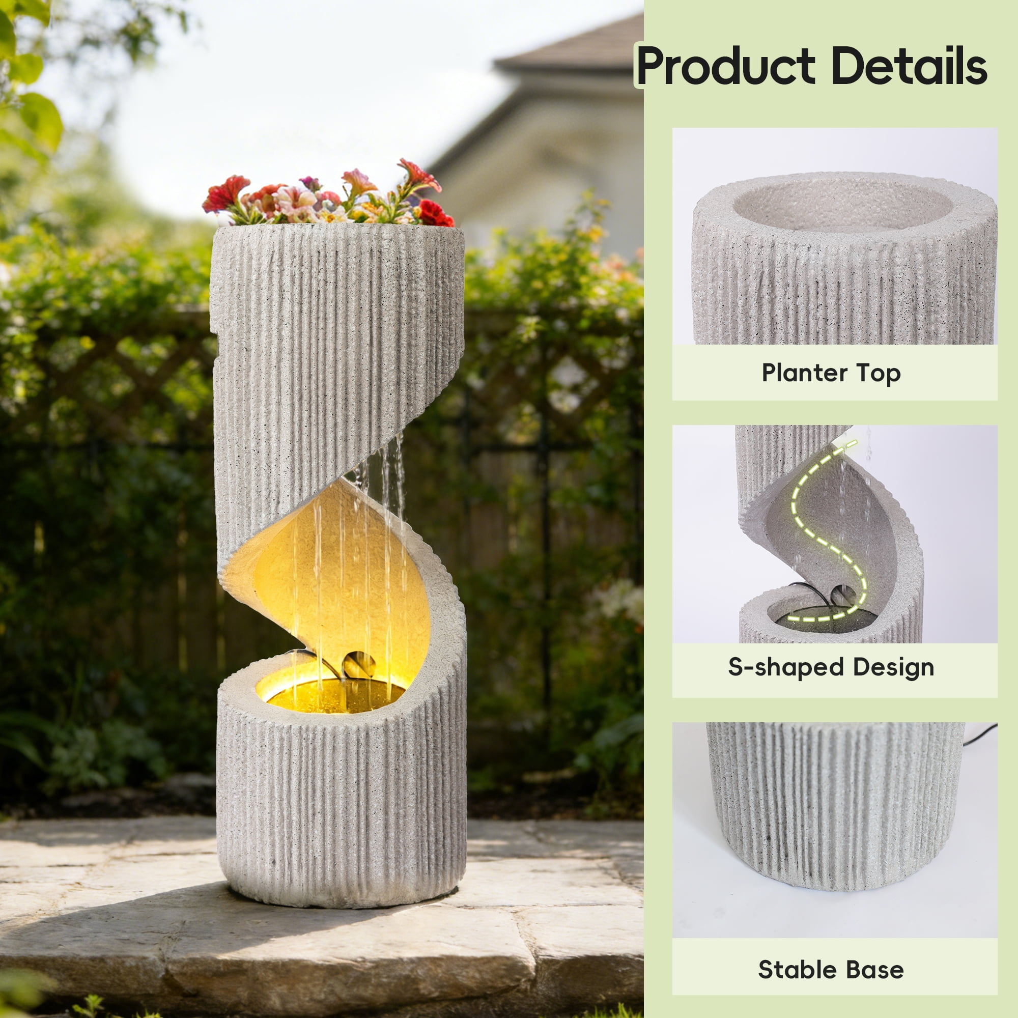30" S-Shaped Outdoor Water Fountain, Freestanding Spiral Garden Fountain with LED Lights & Pump, Indoor/Outdoor Resin Waterfall Feature for Patio, Yard, Balcony or Home Decor