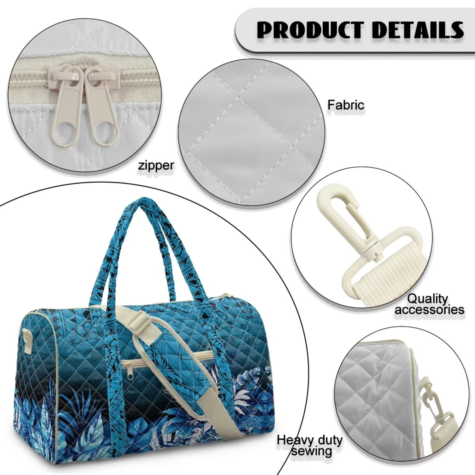 Garronmavis Large Quilted Duffle Bag for Women, Weekender Overnight Travel Gym Bag with Luggage Sleeve, Blue Tropical Print Carry On Bag Compatible with Airplane Travel for Weekend