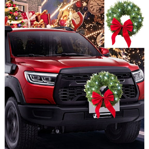 PEONAVET Christmas Car Wreath Christmas Car Decorations With Led Lights Artificial Wreath With Red Bow for Vehicle Exterior Decoration