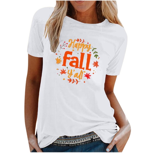 Blusa de manga corta con estampado de otoño y cuello redondo informal de verano para mujer Pompotops hkajfhjk457344