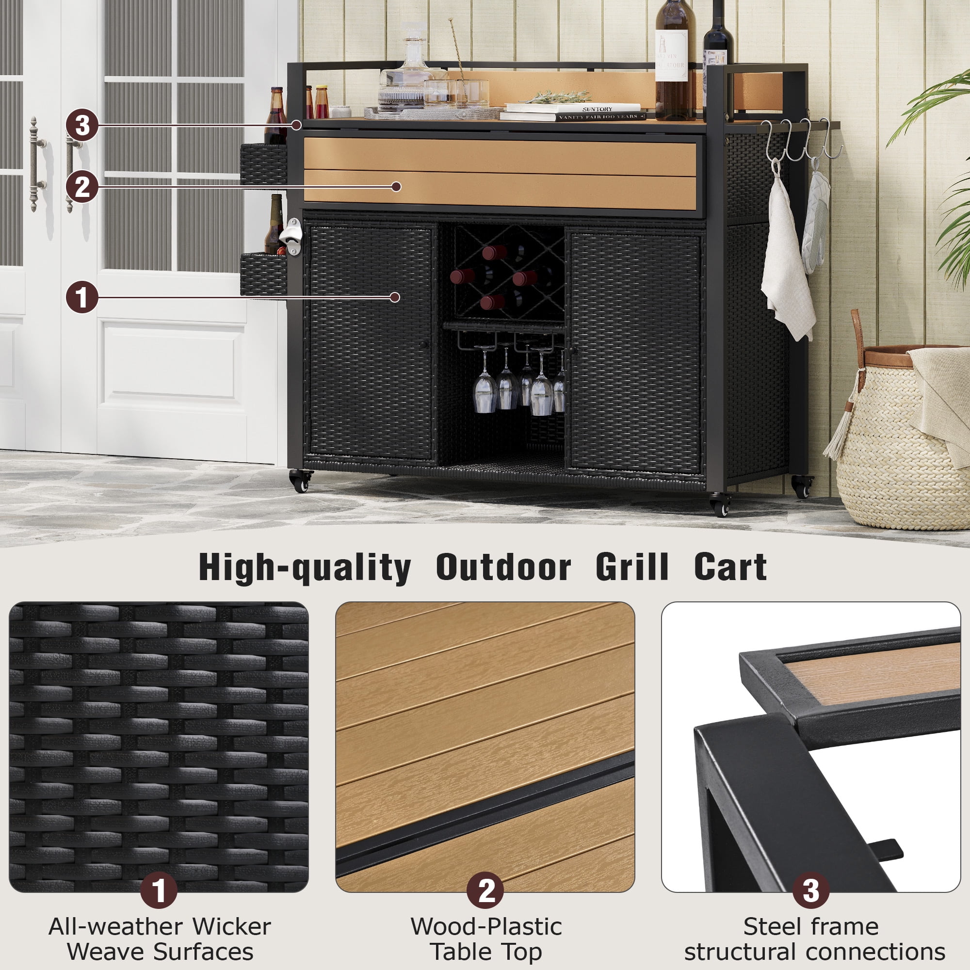 Outdoor Grill Cart 52.8 Inch W, Wicker Structure with Extended Plastic Wood Table Top for Patio Backyard, Black Brown