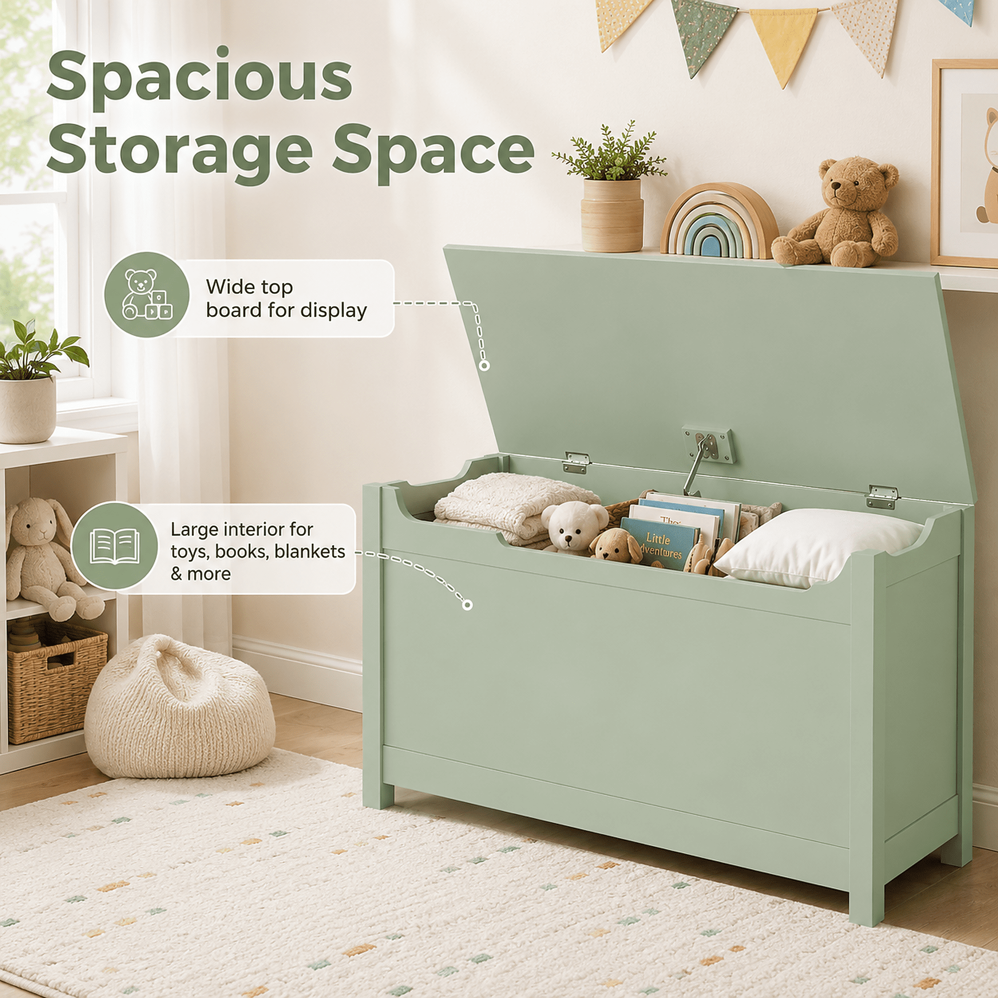 Miniyam Toy Storage Bench with Lid, Kids Toy Box and Storage Chest for Bedroom, Playroom, Nursery, Green