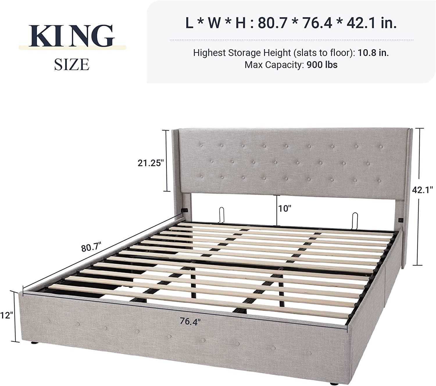  Allewie King Size Lift Up Storage Bed, Modern Wingback  Headboard, No Box Spring Needed, Hydraulic Storage, Light Beige : Home &  Kitchen