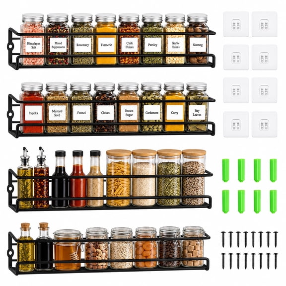 punada 4 Pack Wall Mounted Spice Rack, Space Saving Organizer for Kitchen Cabinet & Pantry Door, Screw or Adhesive Mount for Spice Jars, 11.41 x 2.55 x 2.55 in