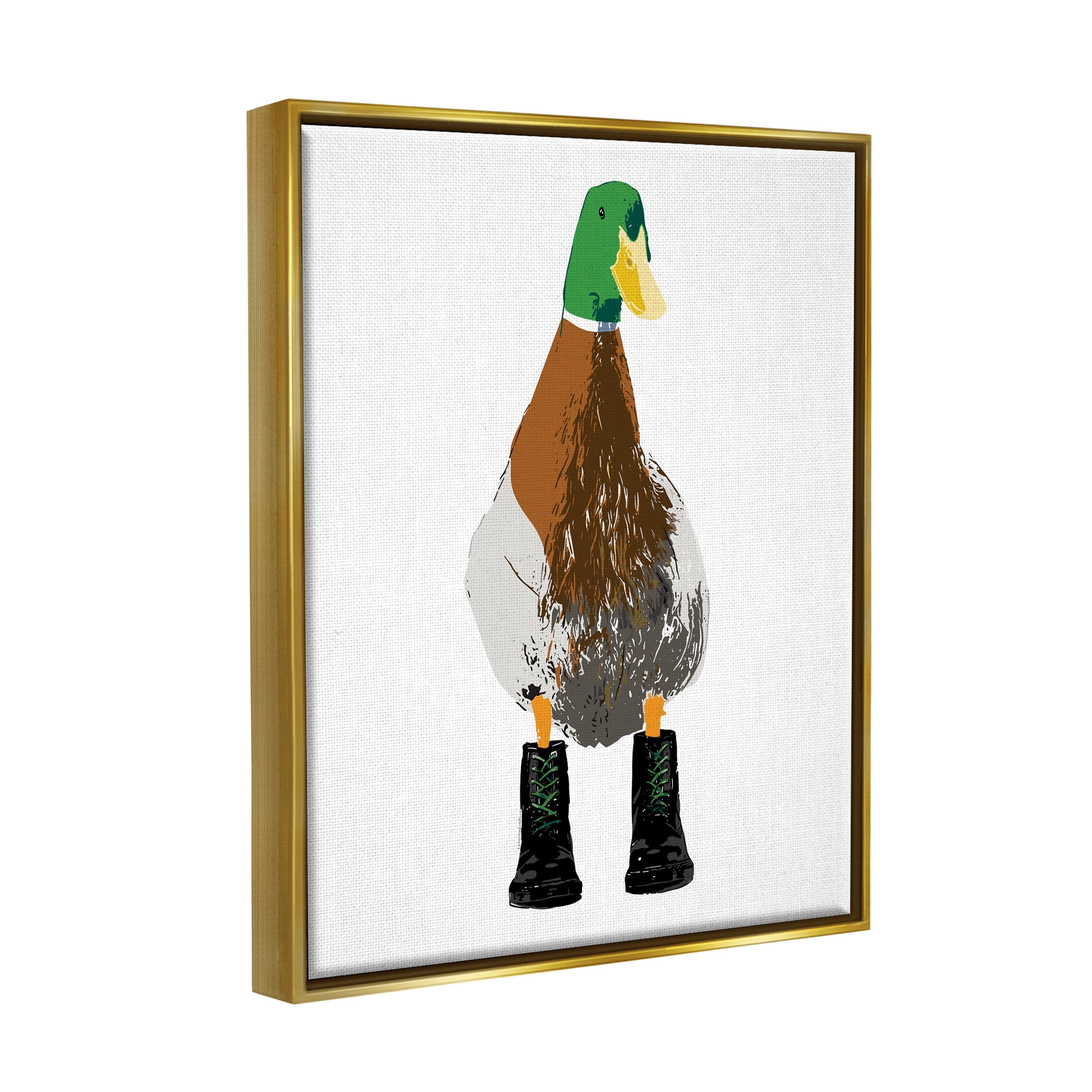 Stupell Industries Mallard Duck Wearing Boots Portrait Graphic Art Metallic Gold Floating Framed Canvas Print Wall Art, Design by Kamdon Kreations