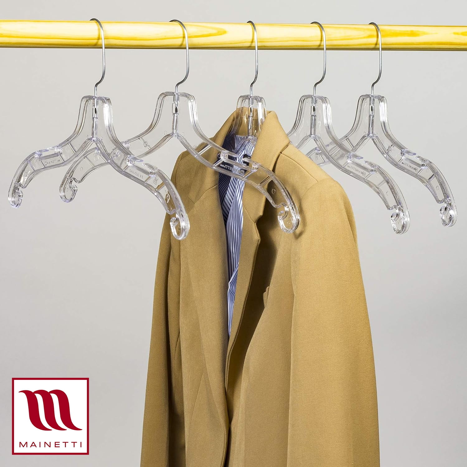 Mainetti Clear Plastic Clothes Hangers 100 Pack | 17-Inch Space Saving Hangers with 360 Swivel Metal Hook & Notches for Straps | Closet Hangers Ideal for Shirts, Tops, Dresses and Jackets (5400SCR)
