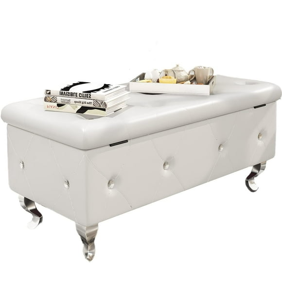 Recaceik PU Leather Ottoman with Storage, Upholstered Storage Ottoman Bench with Button Tufted, 37.4" Folding Bench Bed End Stool with Storage for Living Room, Bedroom, Locker Room