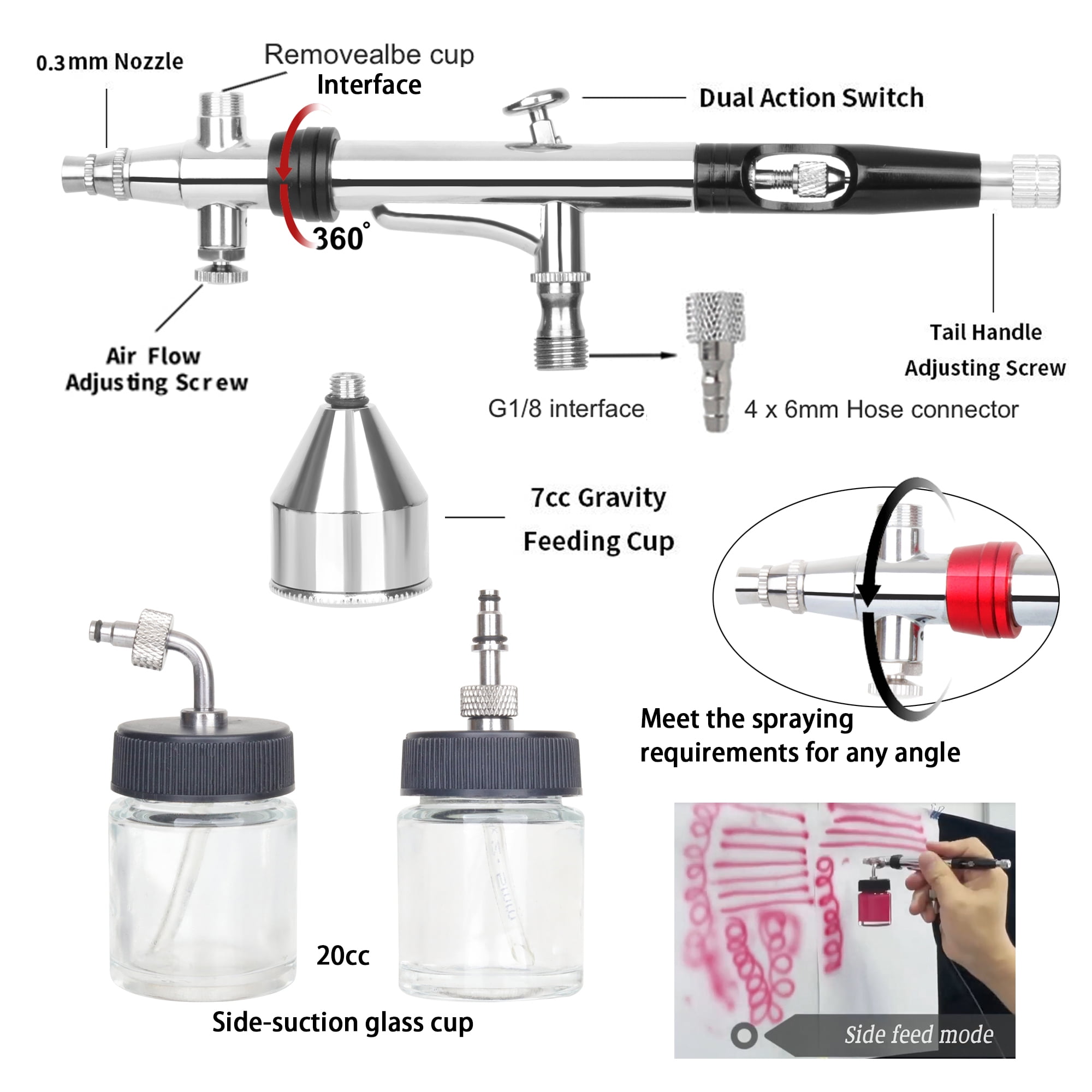 Dual Action Airbrush Pen with Rotatable Air Brush Head Gravity and Both Side Available Match Most Types Siphon Feeding