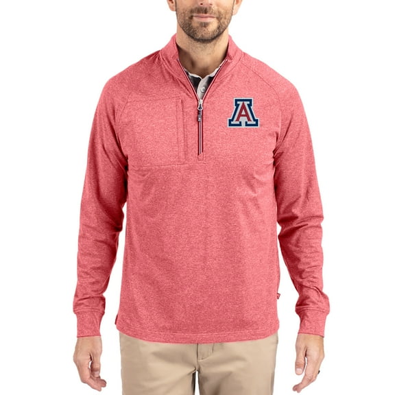 Women's-Cutter & Buck Heather Red Arizona Wildcats Adapt Eco Knit Stretch Recycled DryTec Raglan Quarter-Zip Pullover