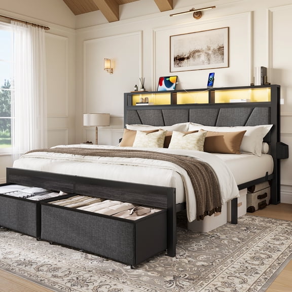 King Size Bed Frame With Upholstered Headboard & Storage Drawers, Platform Bed With Led Lights & Charging Station, Black