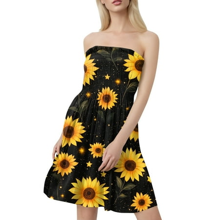 OAMDNDEA Summer Dresses for Women Boho Beach Sundresses Floral Print Strapless Beach Cover Ups Plus Size Sexy Short Dress Beach Vacation Clothes Black L