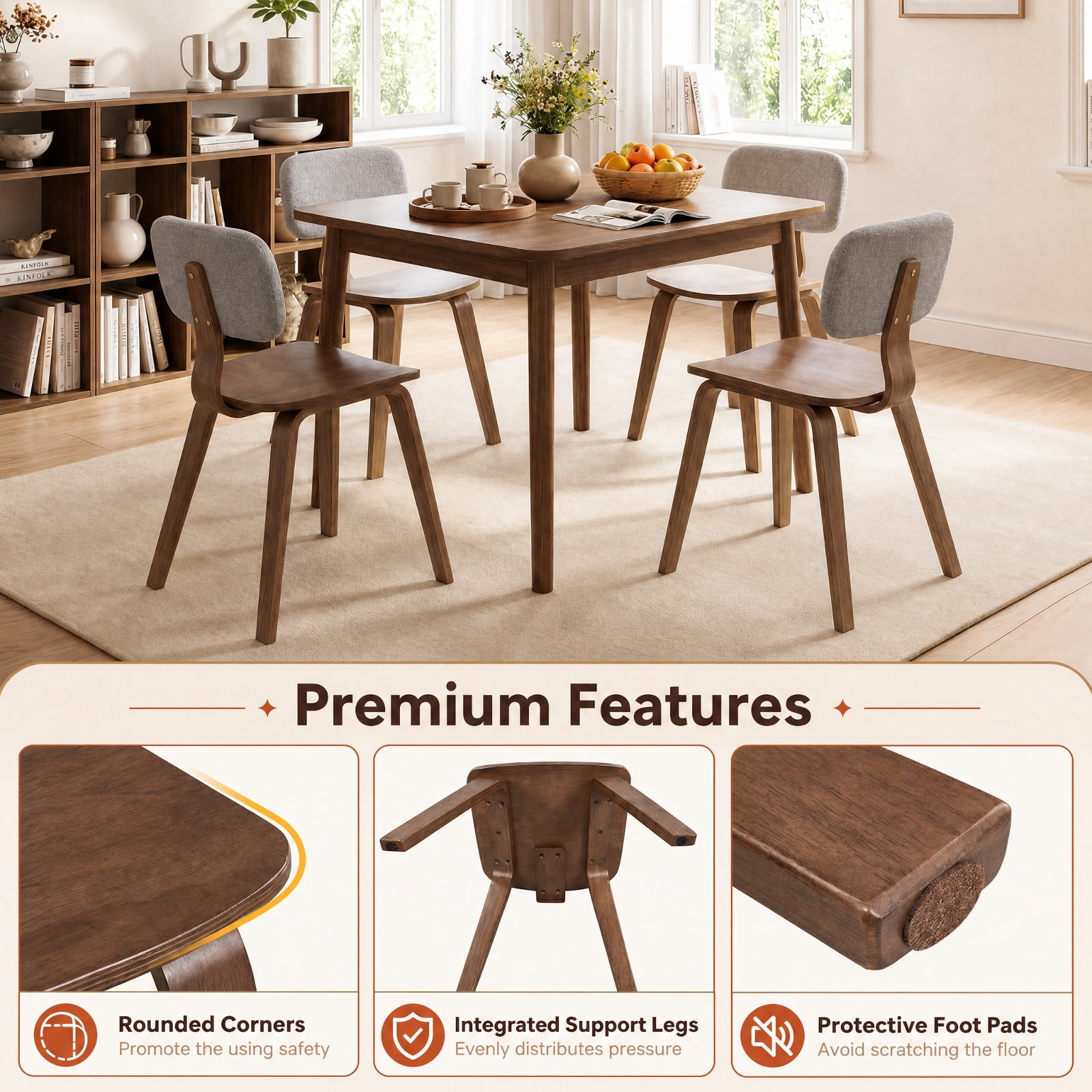 Furnibear Set of 2 Upholstered Dining Chairs with Teddy Velvet Padded Curved Backrest, Solid Rubber Wood Frame,Armless for Kitchen and Dining Room, Grey and Walnut