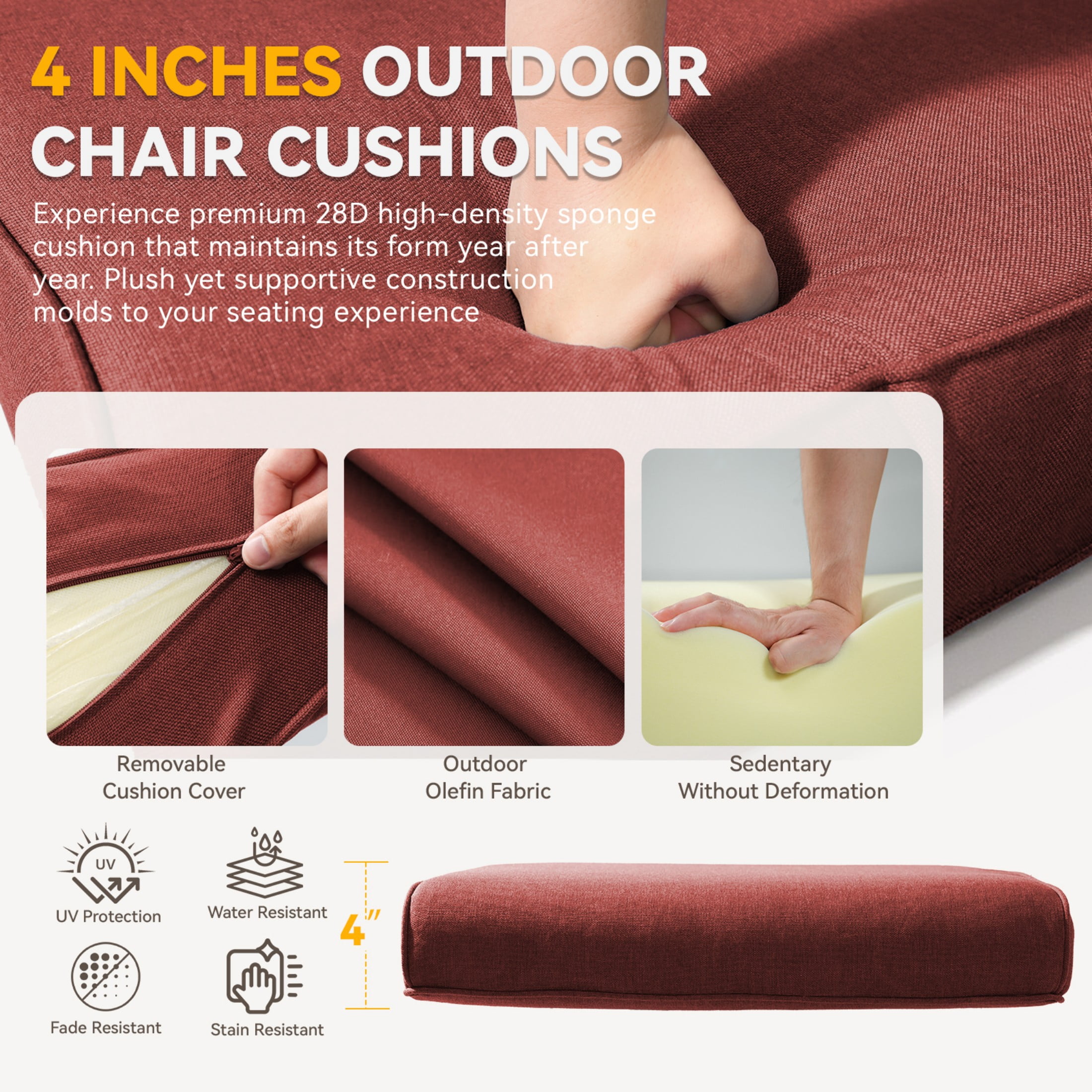 Unnifurnzi Outdoor Deep Seat Cushions-22 x 25 x 4 Inch Outdoor Furniture Cushion with Water Resistant & Removable Cover Outdoor Chair Cushion for Patio Furniture Sofa Couch-Red