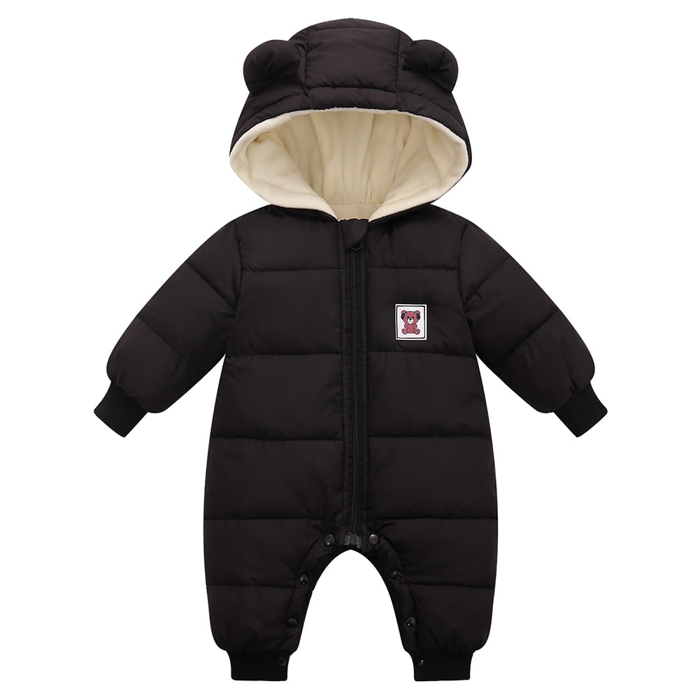 SYNPOS 0-18Months Winter Infant Baby Boys Girls Snowsuit Romper Bear Ears Hooded Outwear Zipped One Piece Toddler Fleece Lined Jumpsuit Down Coat