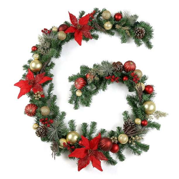 WBHome Prelit 9 Feet/108 Inch Christmas Garland, Red & Gold Lighted Garland with 50 LED Lights