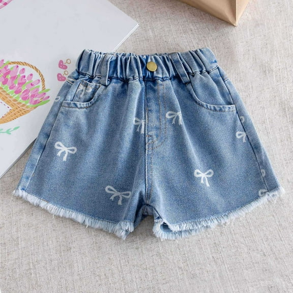 ITSAME Girls Denim Shorts, Frayed Hem with Pocket Bow Print Summer Casual Jean Shorts Blue 6T
