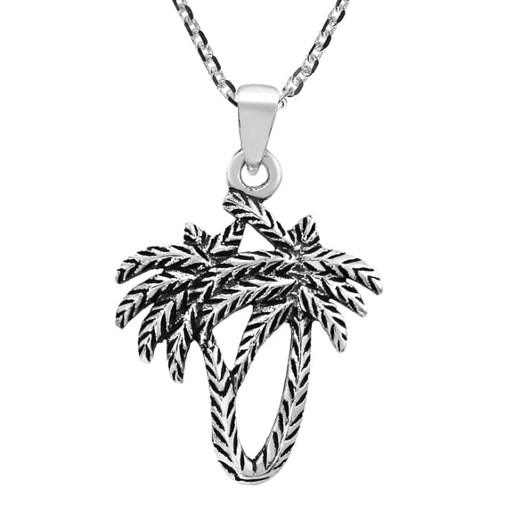 Tropical Palm Beach Coconut Tree Sterling Silver Pendant Necklace