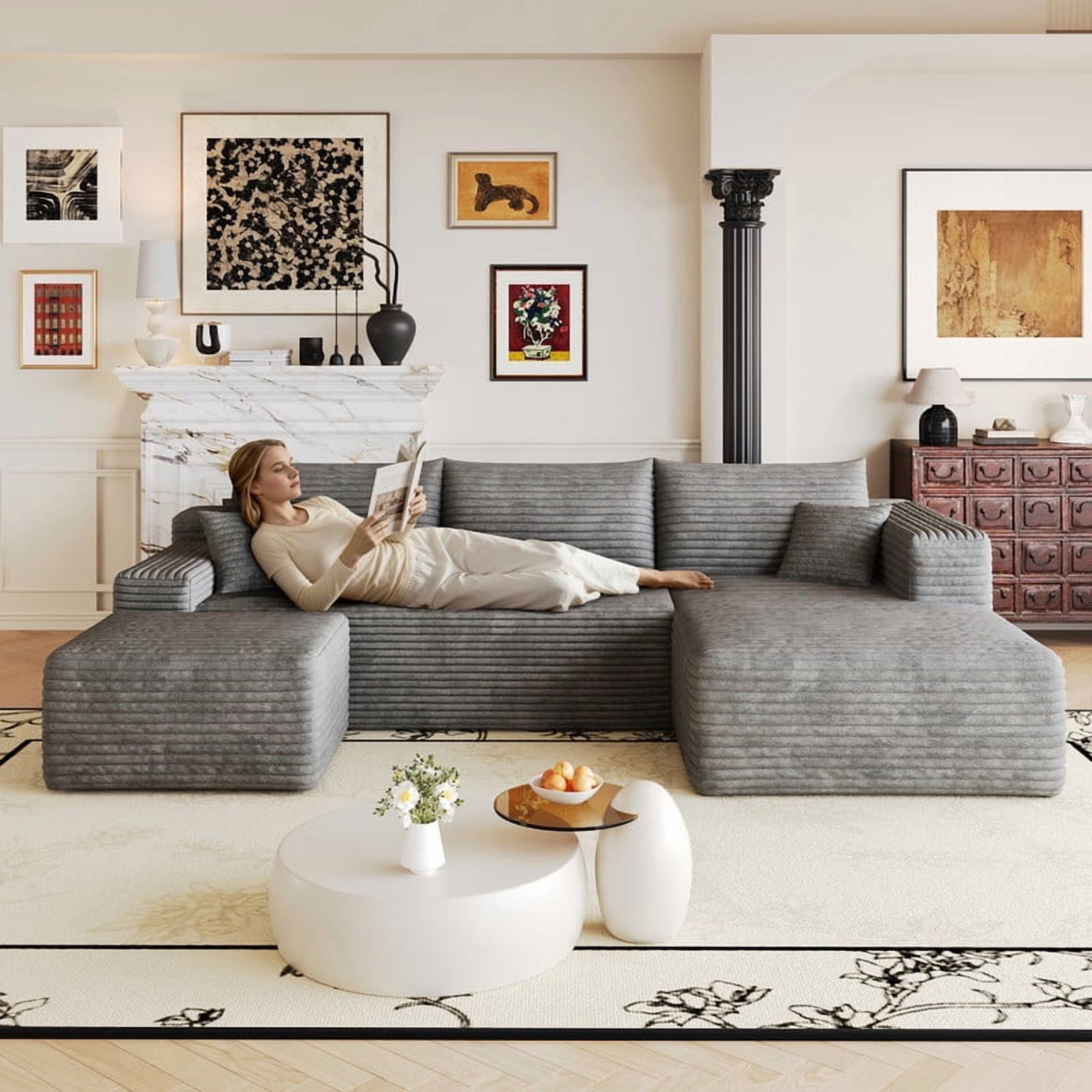103" U Shaped Cloud Sectional Sofa with Ottoman, Modern Modular Corduroy Fabric Couch with Deep Seat and Chaise, Minimalist Upholstered Corner Sofa for Living Room, Apartment, No Assembly Required