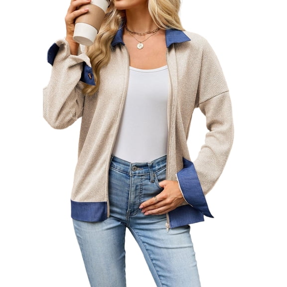 Wevis Women's Denim Trim Zip Jacket, Long Sleeve Color Block Outerwear Coat Casual Autumn Jacket