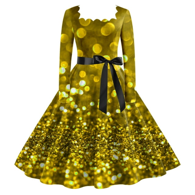 Robe de Thé Classique de Noël pour Femmes Manches Longues Robe de Soirée avec Ceinture
