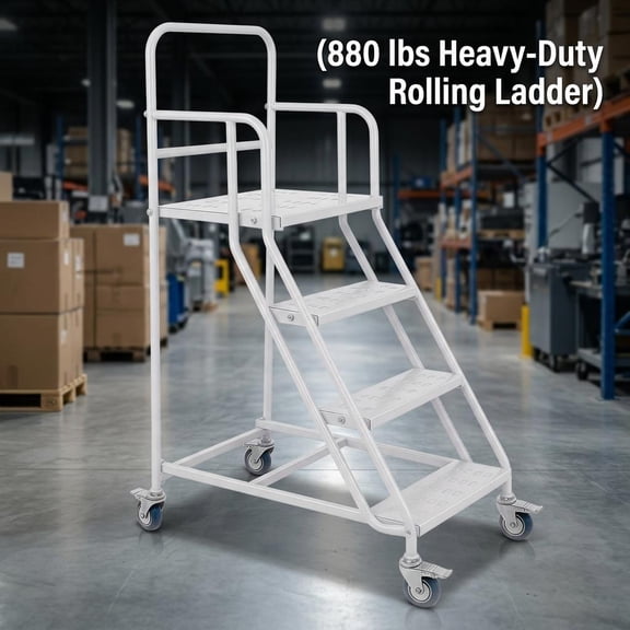 Rolling Stair Ladder with 880 LBS Capacity and Locking Casters, 4 Step Industrial Platform Ladder with Non-Slip Treads for Workshops and Warehouses