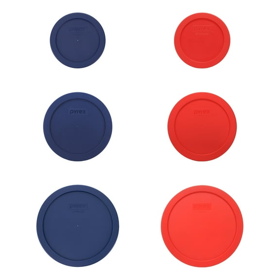 Pyrex (1) 7200-PC Red Lid, (1) Pyrex 7200-PC Blue Lid, (1) Pyrex 7201-PC Red Lid, (1) Pyrex 7201-PC Blue Lid, (1) Pyrex 7402-PC Red Lid, and (1) Pyrex 7402-PC Blue Lid