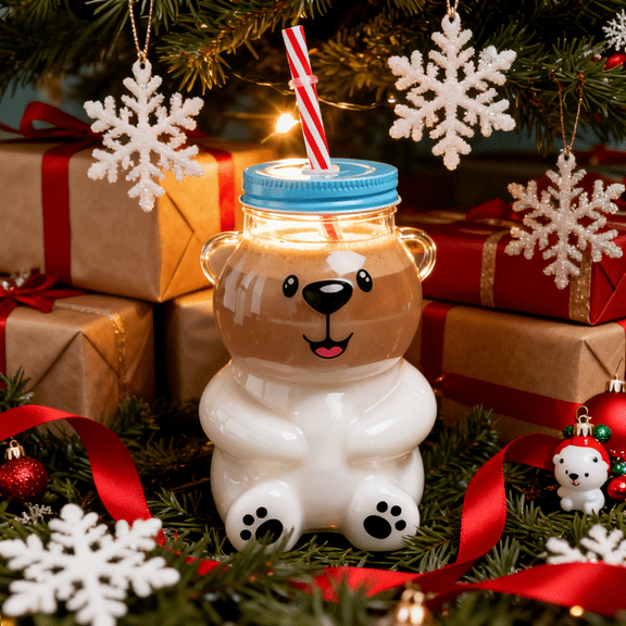 2025 Bear Glass Cold Cup 18.6oz with Straw, Perfect Holiday Drinkware for Iced Coffee, Cold Brew, Cocktails, and Christmas Gifts for Drink Enthusiasts,(1 Bear Cup with Straw)