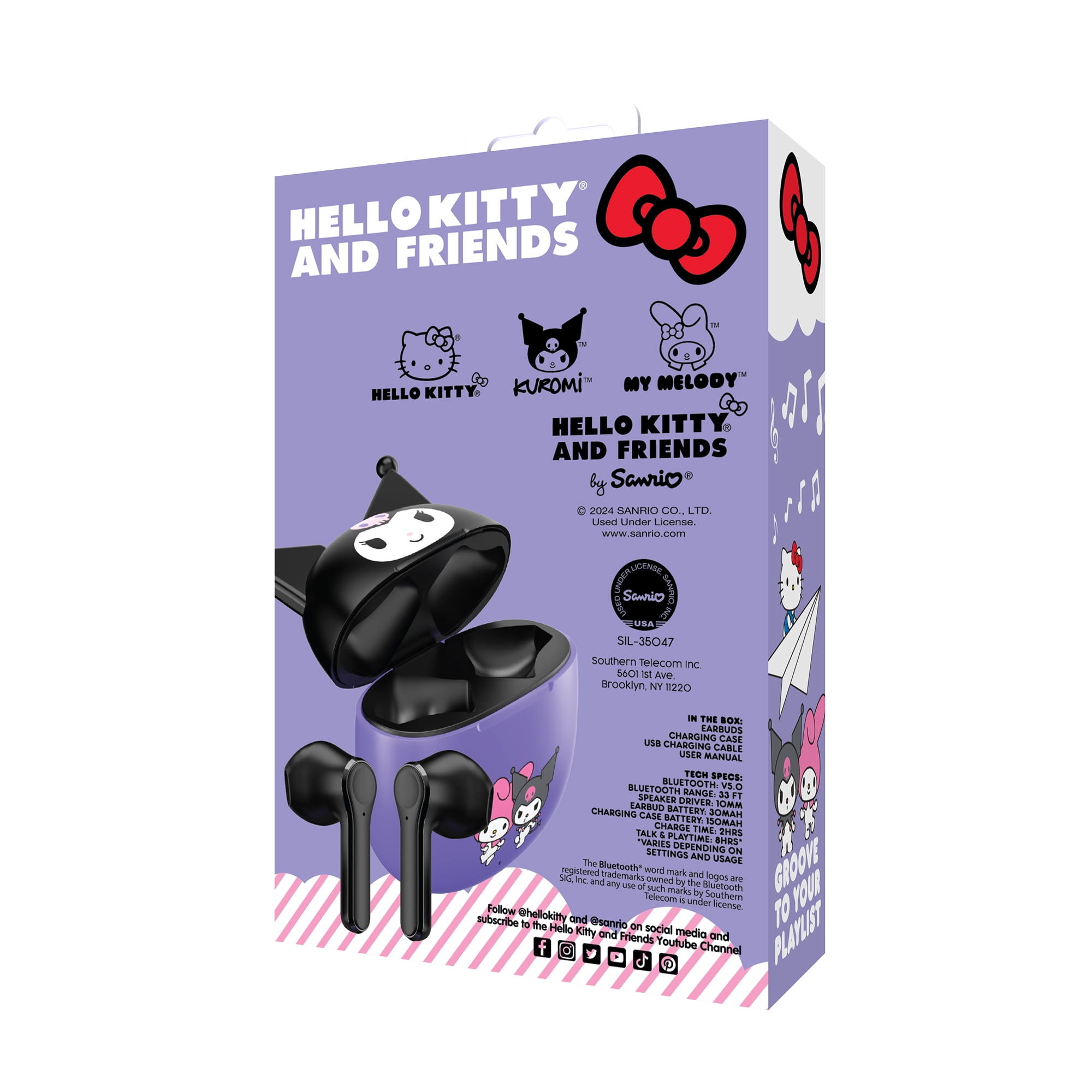 Hello Kitty Bluetooth Wireless Earbuds with Mic and Charging Case, Purple