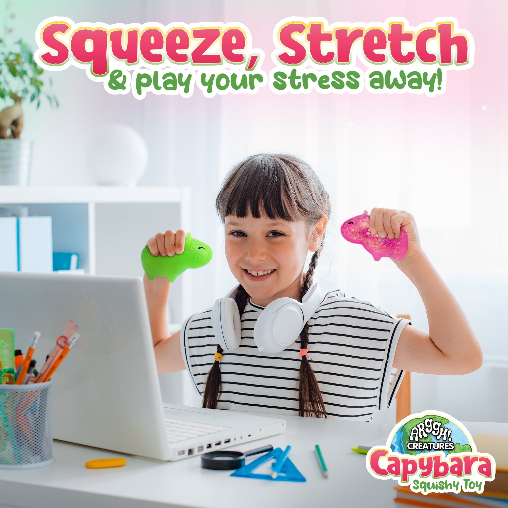 Power Your Fun Capybara Squishy Stress Relief Fidget STEM Toys for Adults & Kids 2-Pk (Pink, Green)