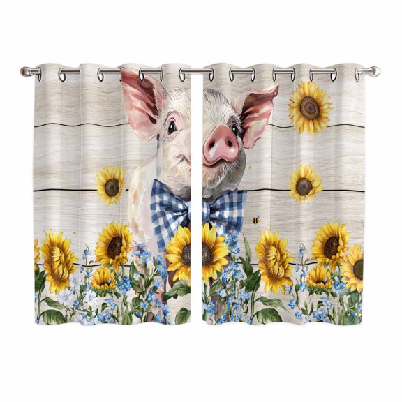 Cute Pig Kitchen Curtains Window Panels, Yellow Sunflowers Beige Wooden Vintage Art Insulated Window Treatment Curtain, Grommet Curtains for Bedroom/Living Room/Bathroom, 2 Piece 52"Wx63"L