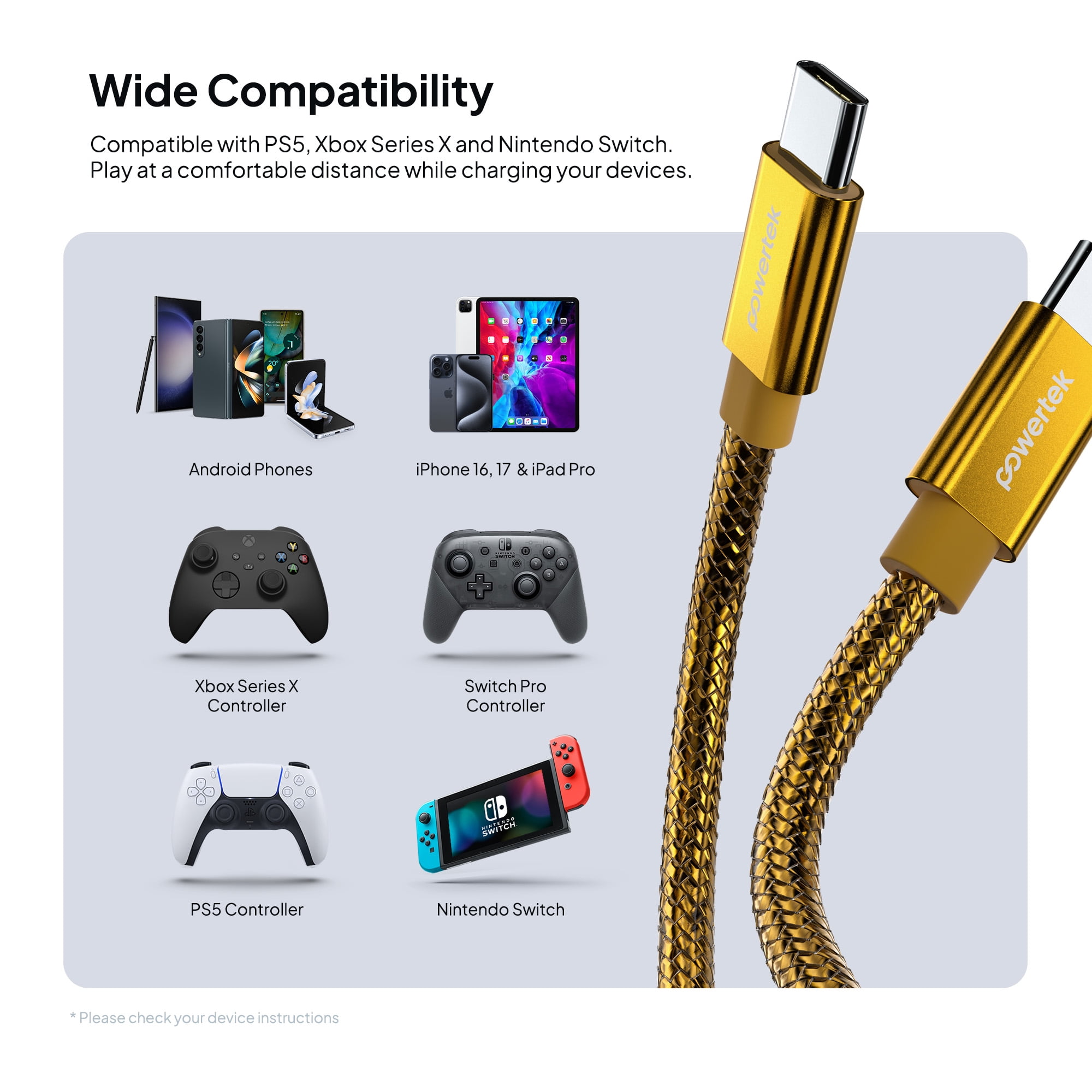 Powertek Luxe 6ft USB-C to USB-C Cable, Gold, Fast Charge & Sync, Metallic Mesh PVC Jacket, Durable Tangle-Free Design
